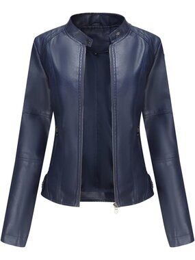 Women's Deep Blue Faux Leather Bomber Zipper closure Belted Motorcycle Jackets